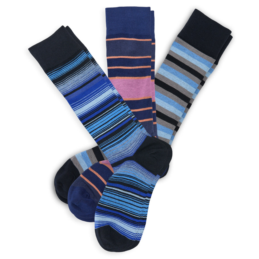 Boardroom dress socks bundle DeadSoxy in blue striped patterns, trio of socks on Tampa Home & Garden Store