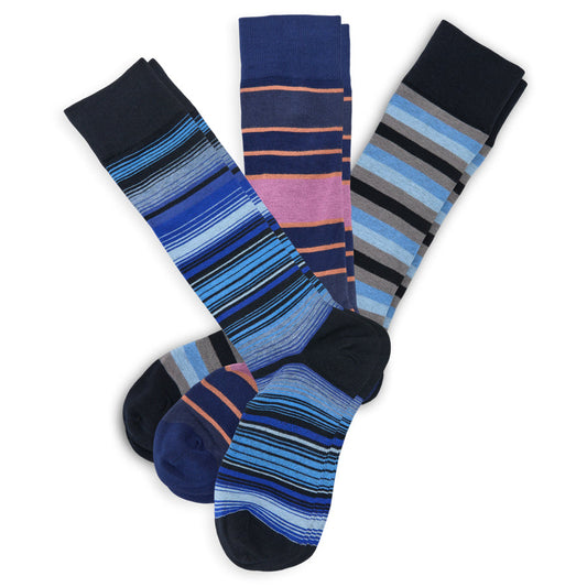 Boardroom dress socks bundle DeadSoxy in blue striped patterns, trio of socks on Tampa Home & Garden Store