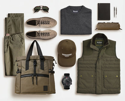 Conceal Tote by The Brown Buffalo, olive canvas tote with black straps, flat lay with apparel on Tampa Home & Garden Store