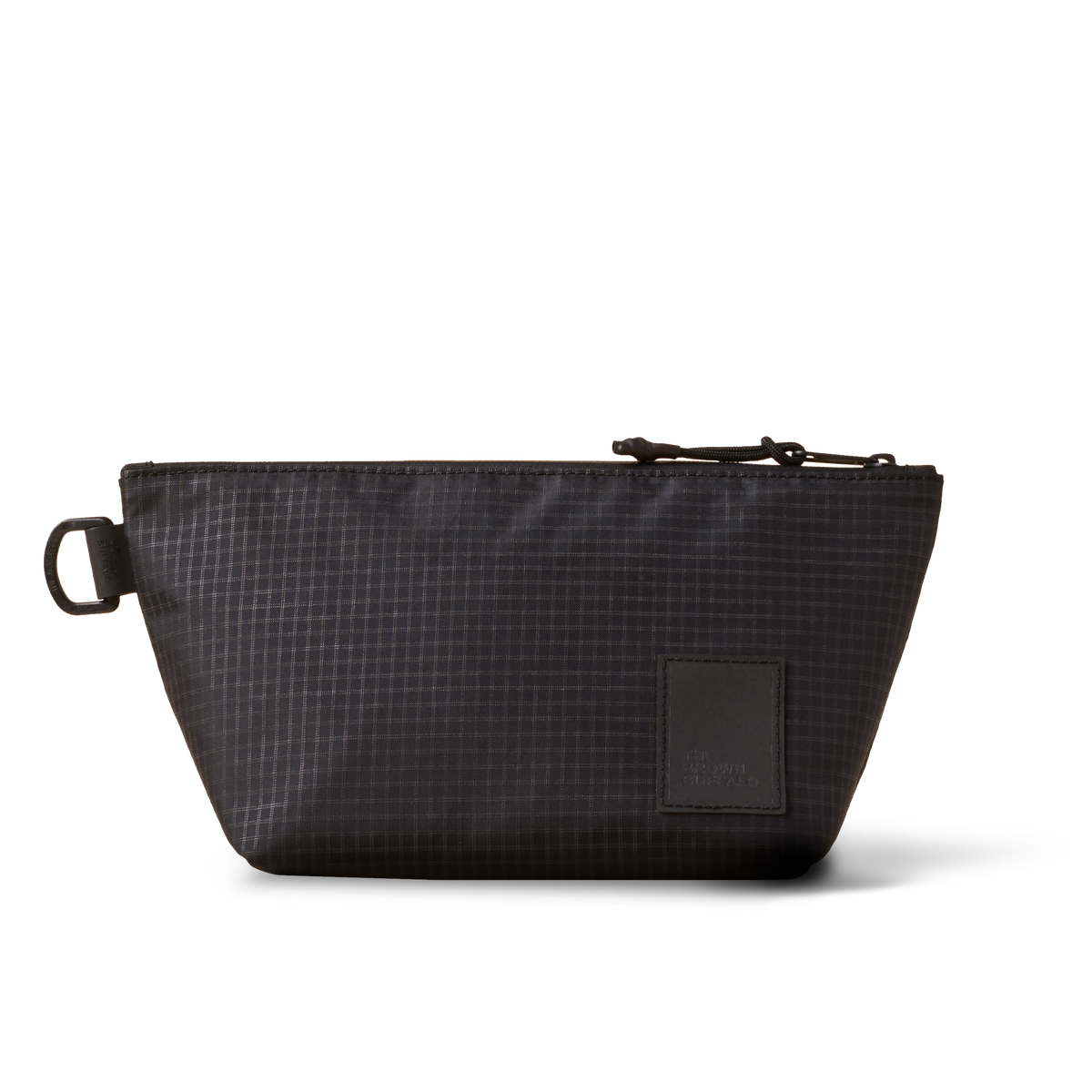 Dopp Kit toiletry bag by The Brown Buffalo in dark gray grid fabric with leather patch on Tampa Home & Garden Store