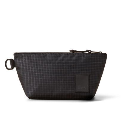 Dopp Kit toiletry bag by The Brown Buffalo in dark gray grid fabric with leather patch on Tampa Home & Garden Store