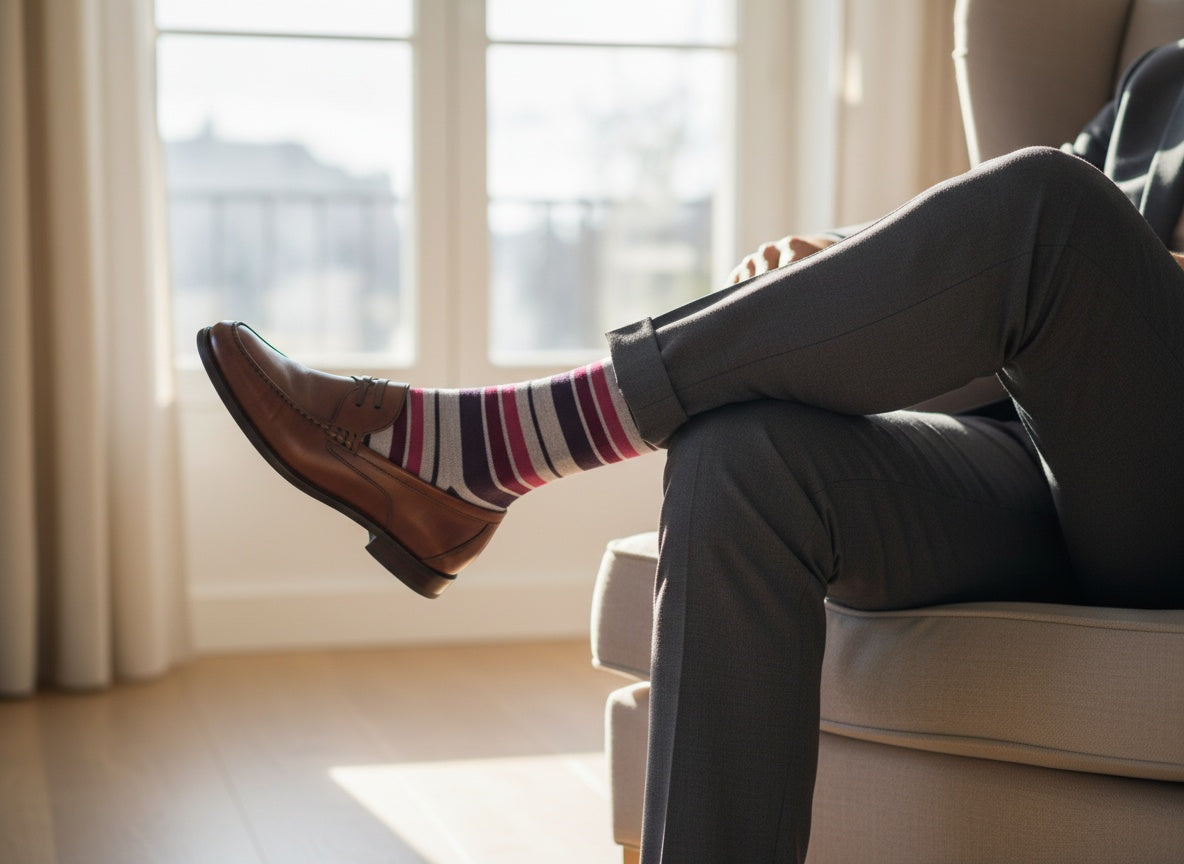 The Gentleman's Dress Sock Bundle, striped DeadSoxy boardroom socks with brown dress shoe on Tampa Home & Garden Store