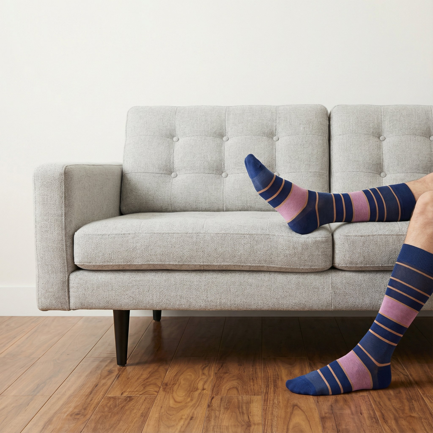 The Proper Dress Sock Bundle DeadSoxy boardroom socks in blue pink striped one pair on leg on Tampa Home & Garden Store