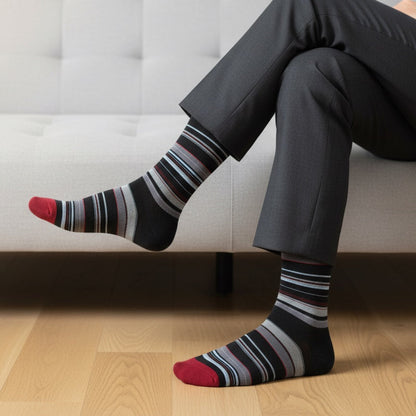 The Proper Dress Sock Bundle boardroom dress socks DeadSoxy black with gray stripes and red toe on Tampa Home & Garden Store