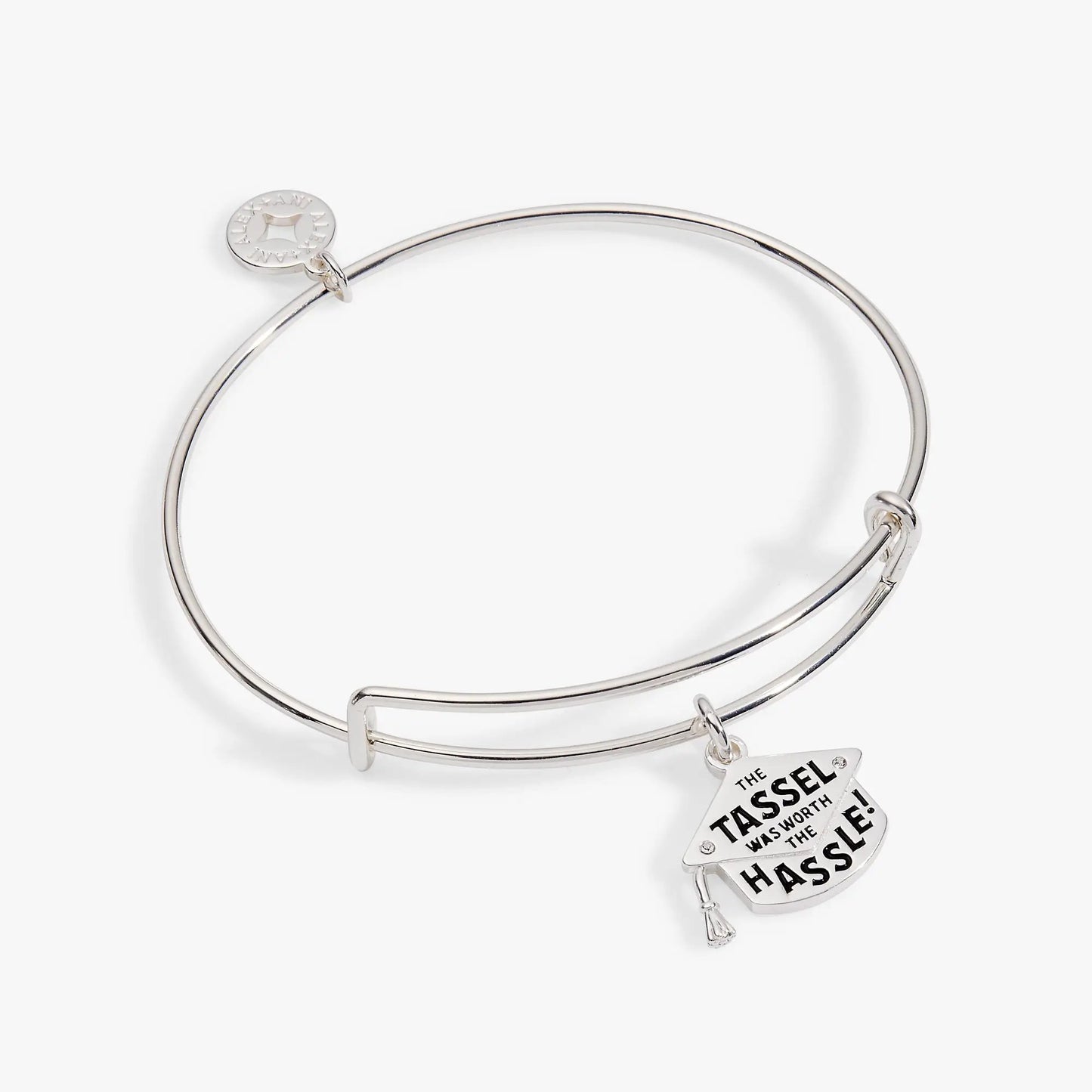 ALEX AND ANI silver charm bangle with two stacked The Tassel Was Worth The Hassle tags on Tampa Home & Garden Store
