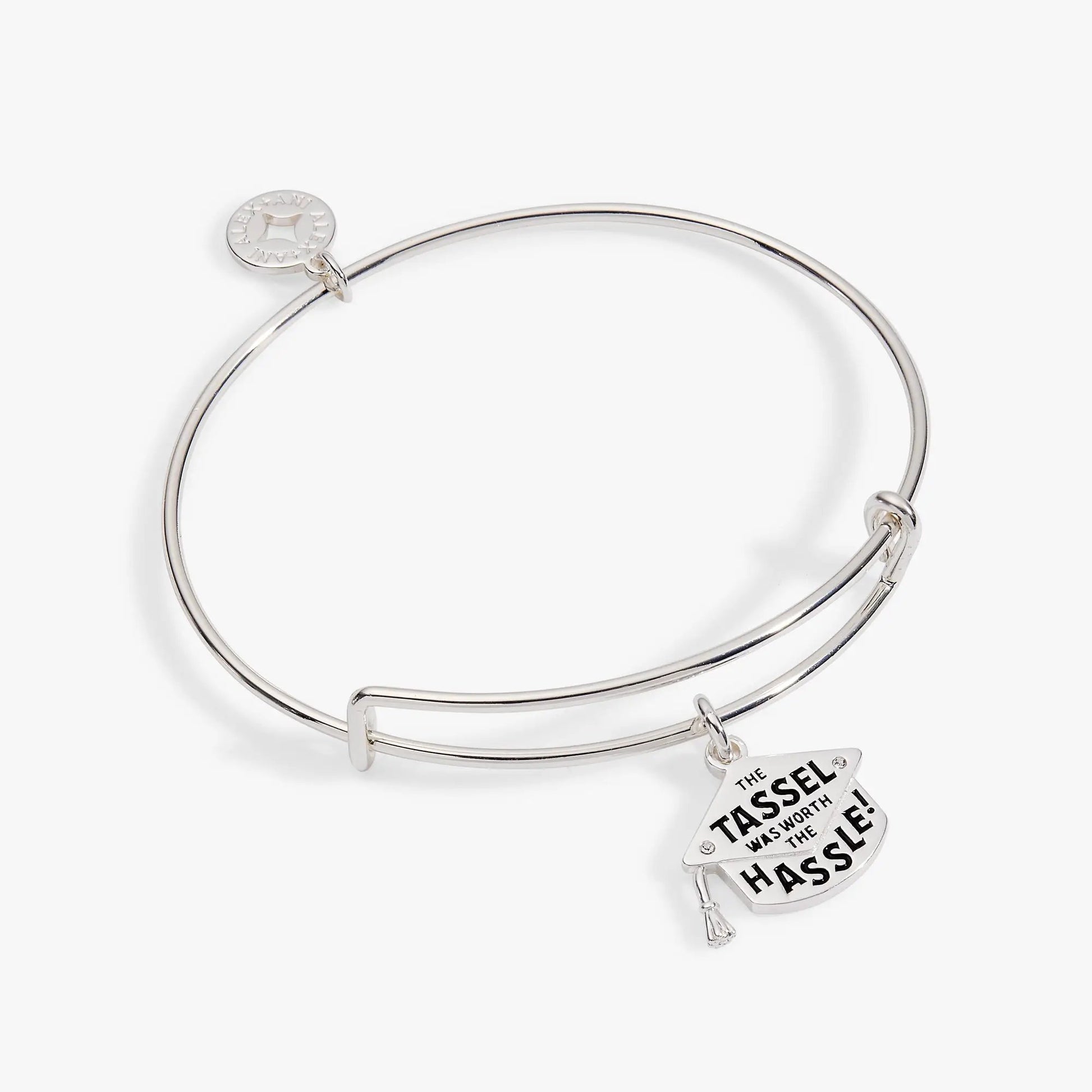 ALEX AND ANI silver charm bangle with two stacked The Tassel Was Worth The Hassle tags on Tampa Home & Garden Store