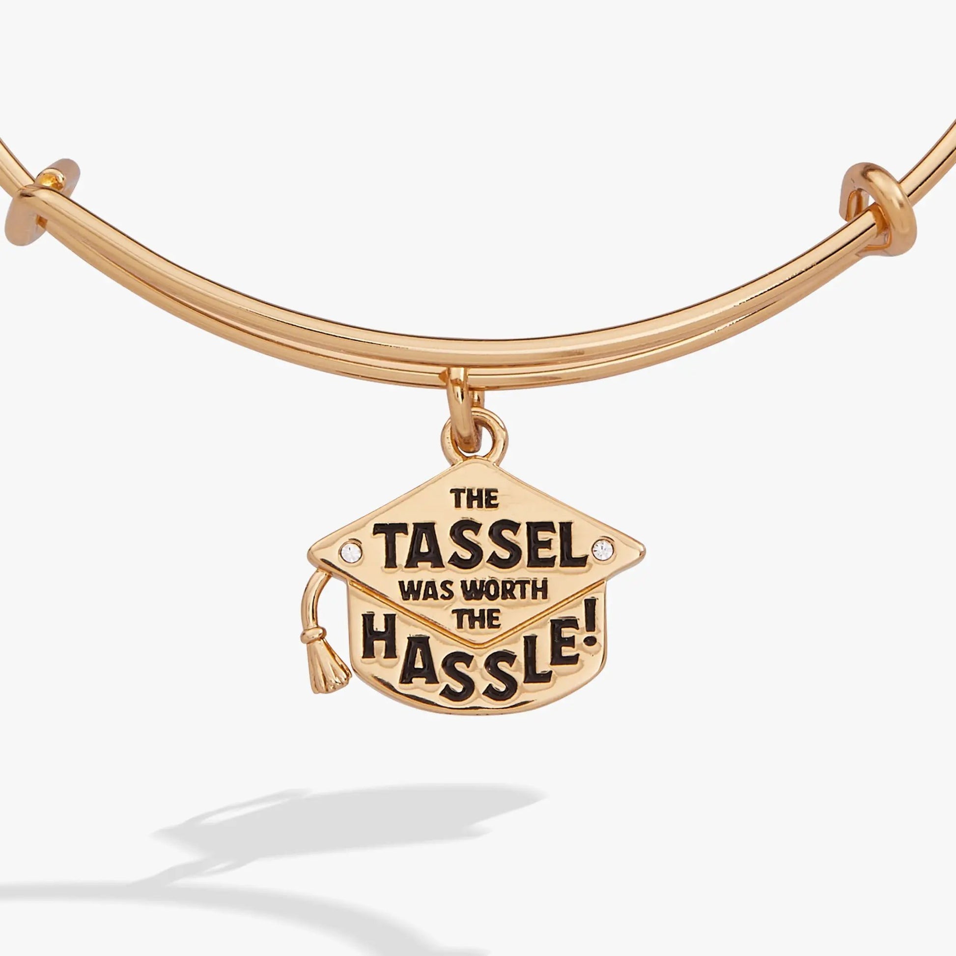The Tassel Was Worth The Hassle charm bangle by Alex and Ani in gold tone with engraved charm on Tampa Home & Garden Store