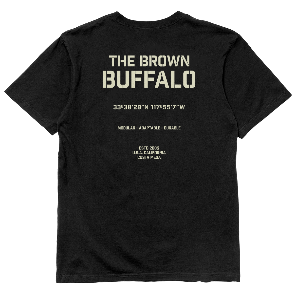 Stencil T-Shirt black with beige The Brown Buffalo branding and coordinates 33°38'28N 117°55'7W on Tampa Home & Garden Store