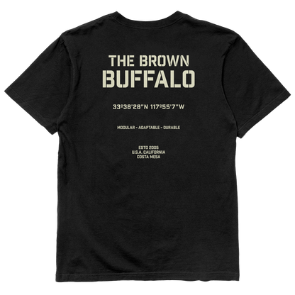Stencil T-Shirt black with beige The Brown Buffalo branding and coordinates 33°38'28N 117°55'7W on Tampa Home & Garden Store