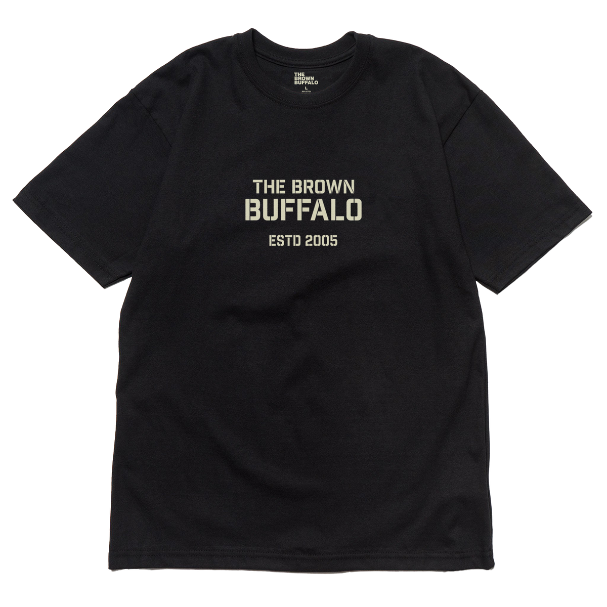 The Brown Buffalo stencil T-shirt, black short-sleeve top with beige ESTD 2005 logo on Tampa Home & Garden Store