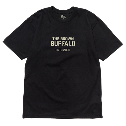 The Brown Buffalo stencil T-shirt, black short-sleeve top with beige ESTD 2005 logo on Tampa Home & Garden Store