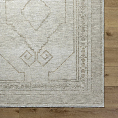 Taban Luxe Rug by Boutique Rugs, beige geometric medallion with bordered edges on wood floor on Tampa Home & Garden Store