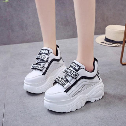 Stevvex chunky women's sneakers pair in white and black with thick sole and Velcro straps on Tampa Home & Garden Store