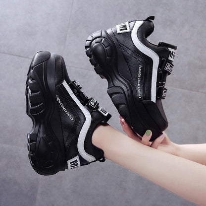Stevvex chunky platform sneakers black with white stripe, thick sole, women's casual footwear on Tampa Home & Garden Store