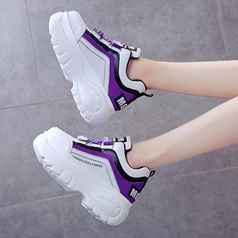 Stevvex women's chunky sneakers white purple black with thick platform sole casual footwear pair on Tampa Home & Garden Store