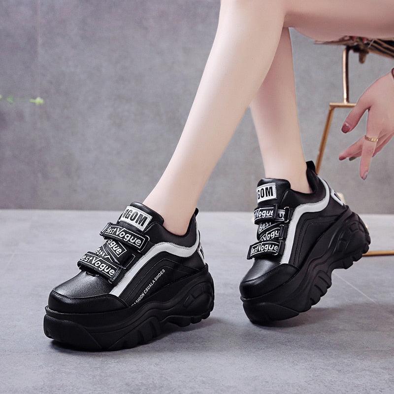 Stevvex chunky black sneakers with Velcro straps and thick platform sole for casual wear on Tampa Home & Garden Store