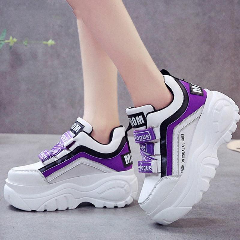 Chunky platform white sneakers with purple panels and black trim, Velcro straps, thick sole on Tampa Home & Garden Store