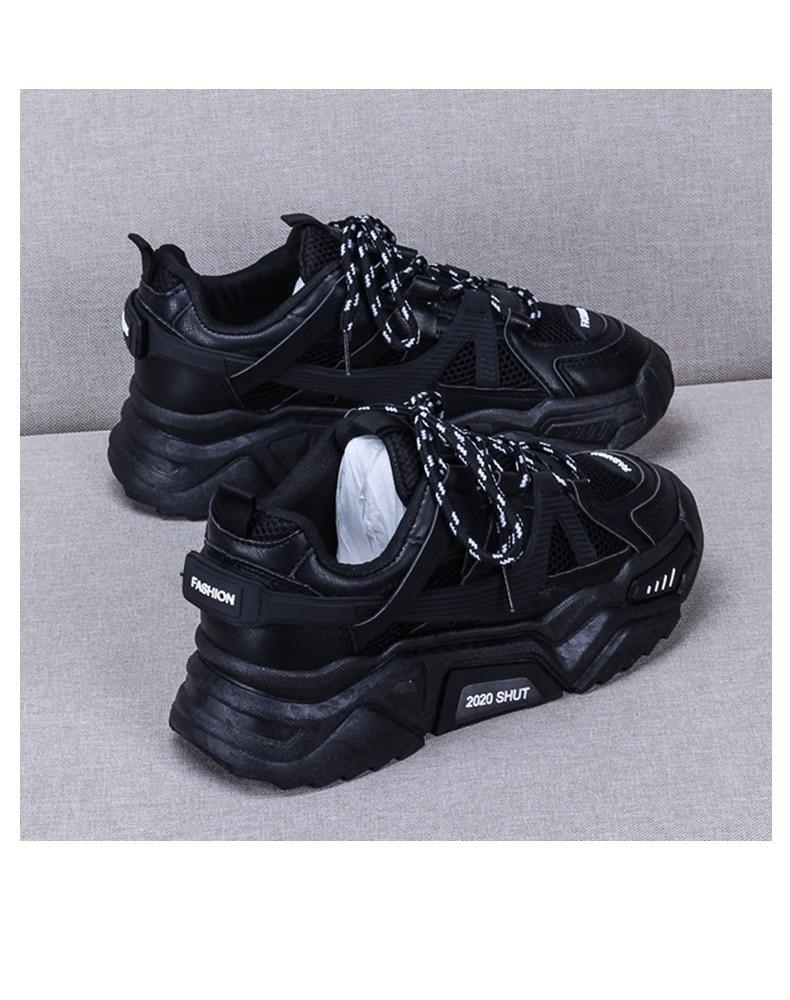 Stevvex black chunky platform sneakers with mesh panels and speckled laces casual walking shoes on Tampa Home & Garden Store