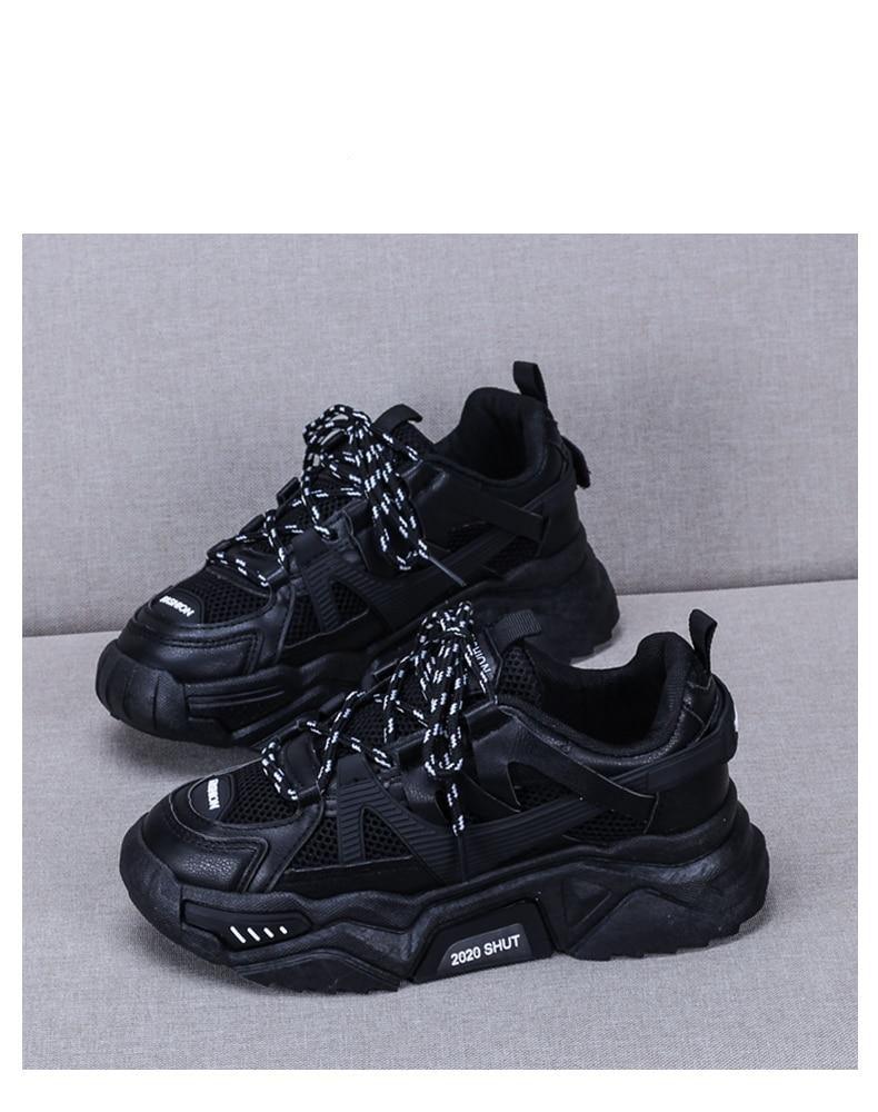 Platform sneakers Stevvex for women, black mesh panels and patterned laces on Tampa Home & Garden Store