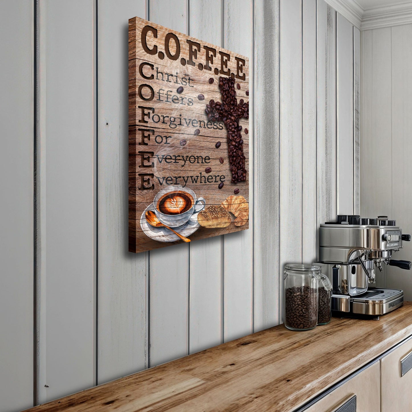 Christ And Coffee Faith Sign III canvas Tailored Canvases beans and cup wood plank backdrop on Tampa Home & Garden Store