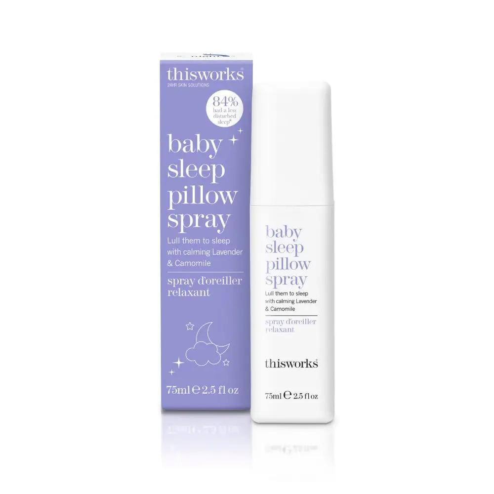 This Works Baby Sleep Pillow Spray bottle beside purple box with lavender & camomile 75ml on Tampa Home & Garden Store