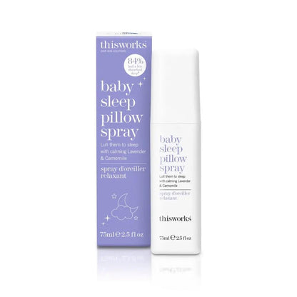 This Works Baby Sleep Pillow Spray bottle beside purple box with lavender & camomile 75ml on Tampa Home & Garden Store