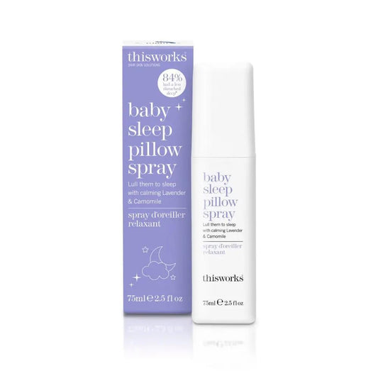 This Works Baby Sleep Pillow Spray bottle beside purple box with lavender & camomile 75ml on Tampa Home & Garden Store