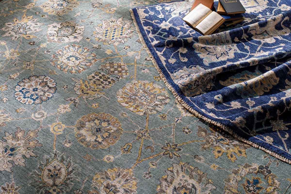 Pinetop Premium Rug two rugs shown blue teal floral design with fringe edge by Boutique Rugs on Tampa Home & Garden Store