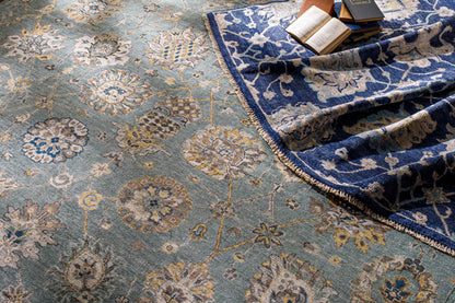 Pinetop Premium Rug two rugs shown blue teal floral design with fringe edge by Boutique Rugs on Tampa Home & Garden Store