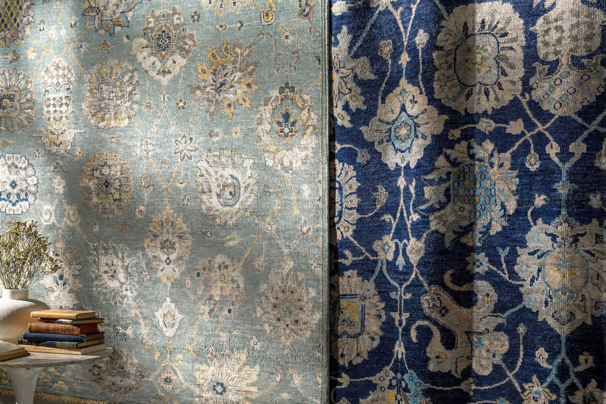 Pinetop Premium Rug pair by Boutique Rugs teal left, navy right with damask motifs on clearance on Tampa Home & Garden Store