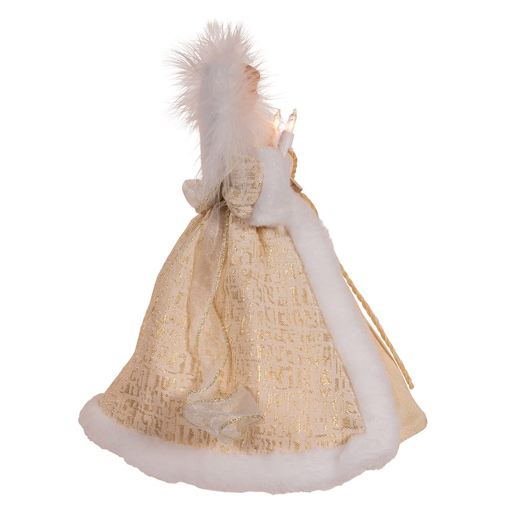 Lighted Natural Angel Treetop 10 Inch gold gown with white fur trim feathered halo on Tampa Home & Garden Store