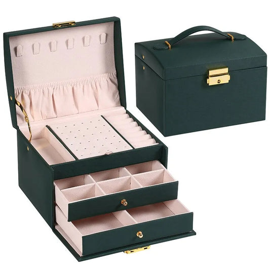 3 Layer Leather Jewelry Box Organizer with Drawers Velvet Lined 17.5cm - Tampa Home & Garden Store