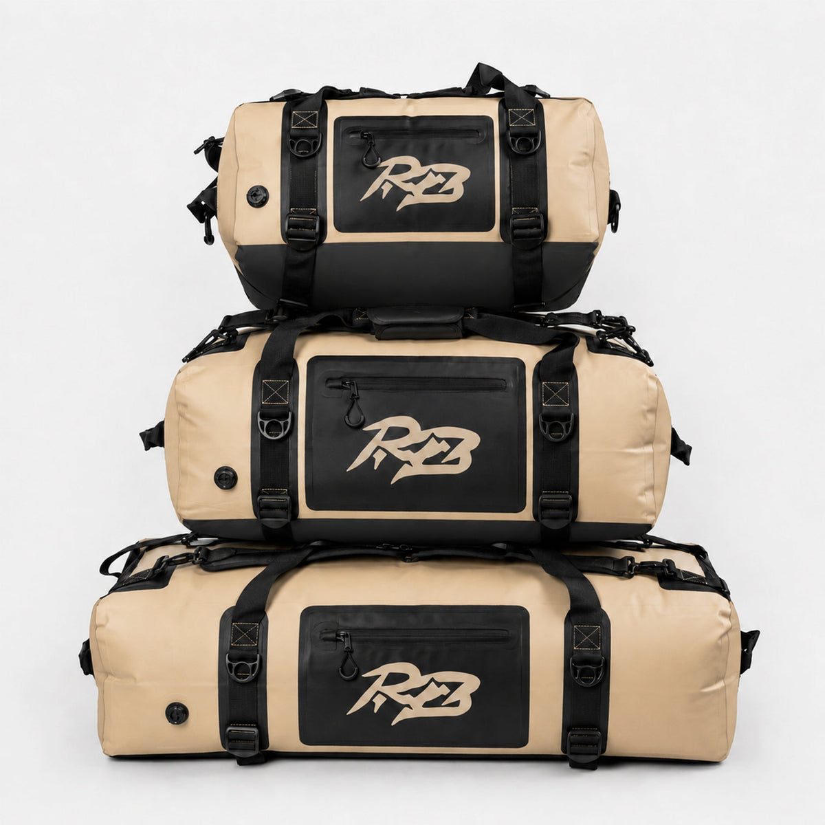 Ridge Bags outdoor duffel three-pack tan with black patches and rugged straps on Tampa Home & Garden Store