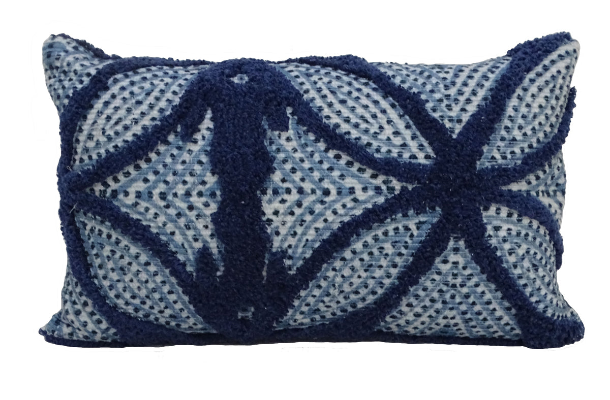 Blue knit throw pillow 14x24 with navy geometric pattern for couch by Vibhsa on Tampa Home & Garden Store
