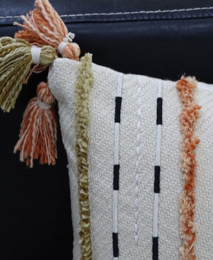 Vibhsa lumbar pillow, handwoven multicolor, 14x24, cream with black stripes and colorful tassels on Tampa Home & Garden Store