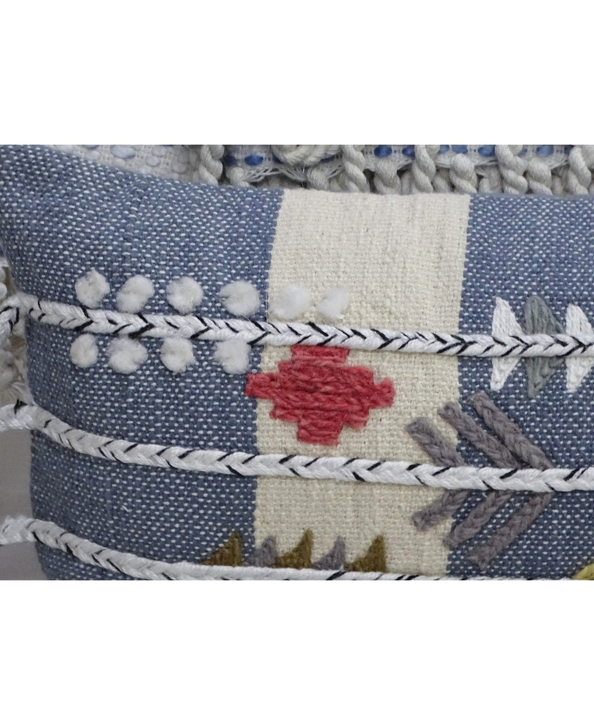 Decorative embroidery throw pillow 12x30 by Vibhsa blue ivory woven fabric with braided trim on Tampa Home & Garden Store
