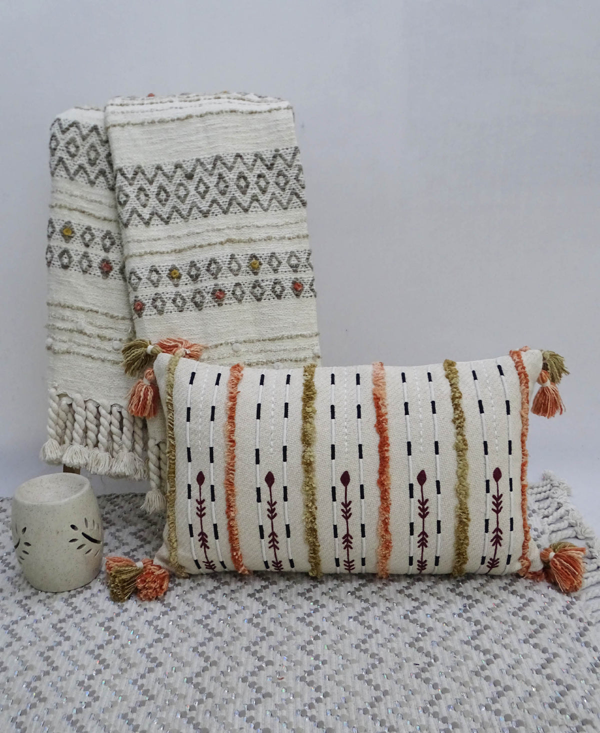 Vibhsa multicolor handwoven lumbar pillows, 14x24, fringed tassels and geometric stripes, 2 pieces on Tampa Home & Garden Store