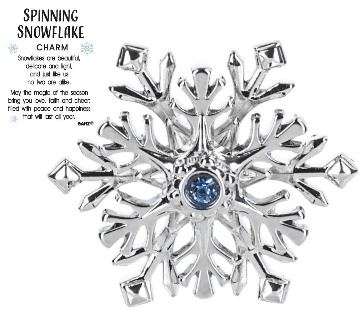 Spinning snowflake pocket charm with blue gem, silver-tone pendant, The Country Christmas Loft on Tampa Home & Garden Store