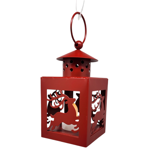 B/O Lighted Metal Holiday Lantern with LED Tealight - Red