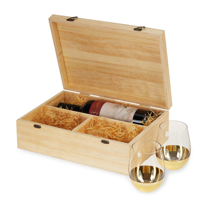 Wooden Wine Gift Box with Two Stemless Glasses