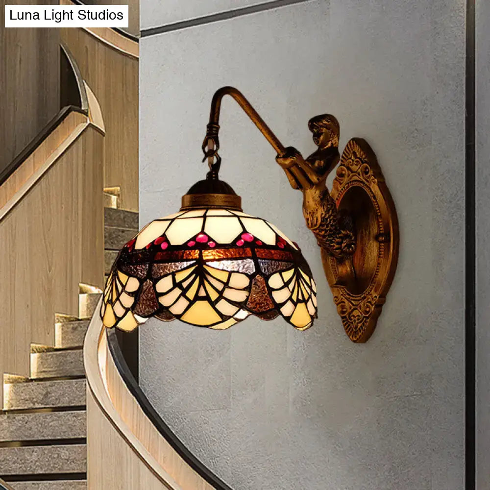 Tiffany Gold Cut Glass Wall Sconce with Scalloped Dome and Mermaid Arm
