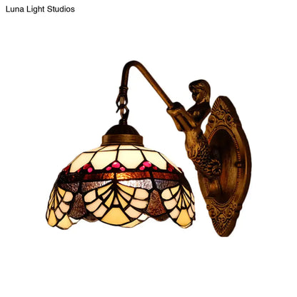Tiffany Gold Cut Glass Wall Sconce with Scalloped Dome and Mermaid Arm