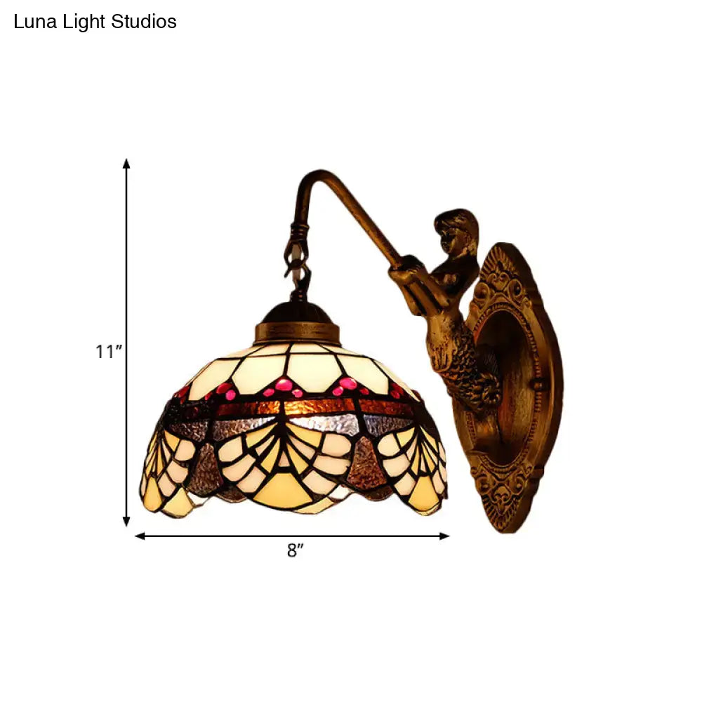 Tiffany Gold Cut Glass Wall Sconce with Scalloped Dome and Mermaid Arm
