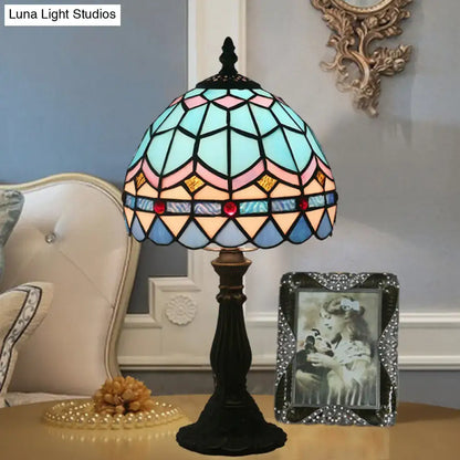 Tiffany Art Glass Night Lamp - Bowl Shaped Stained Glass Table Lighting in Yellow/Blue