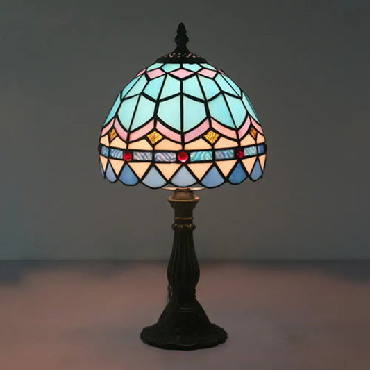 Tiffany Art Glass Night Lamp - Bowl Shaped Stained Glass Table Lighting in Yellow/Blue - Tampa Home & Garden Store