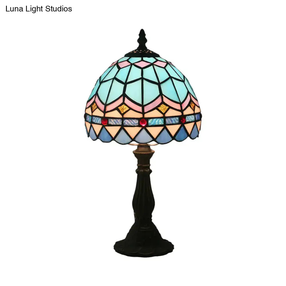 Tiffany Art Glass Night Lamp - Bowl Shaped Stained Glass Table Lighting in Yellow/Blue