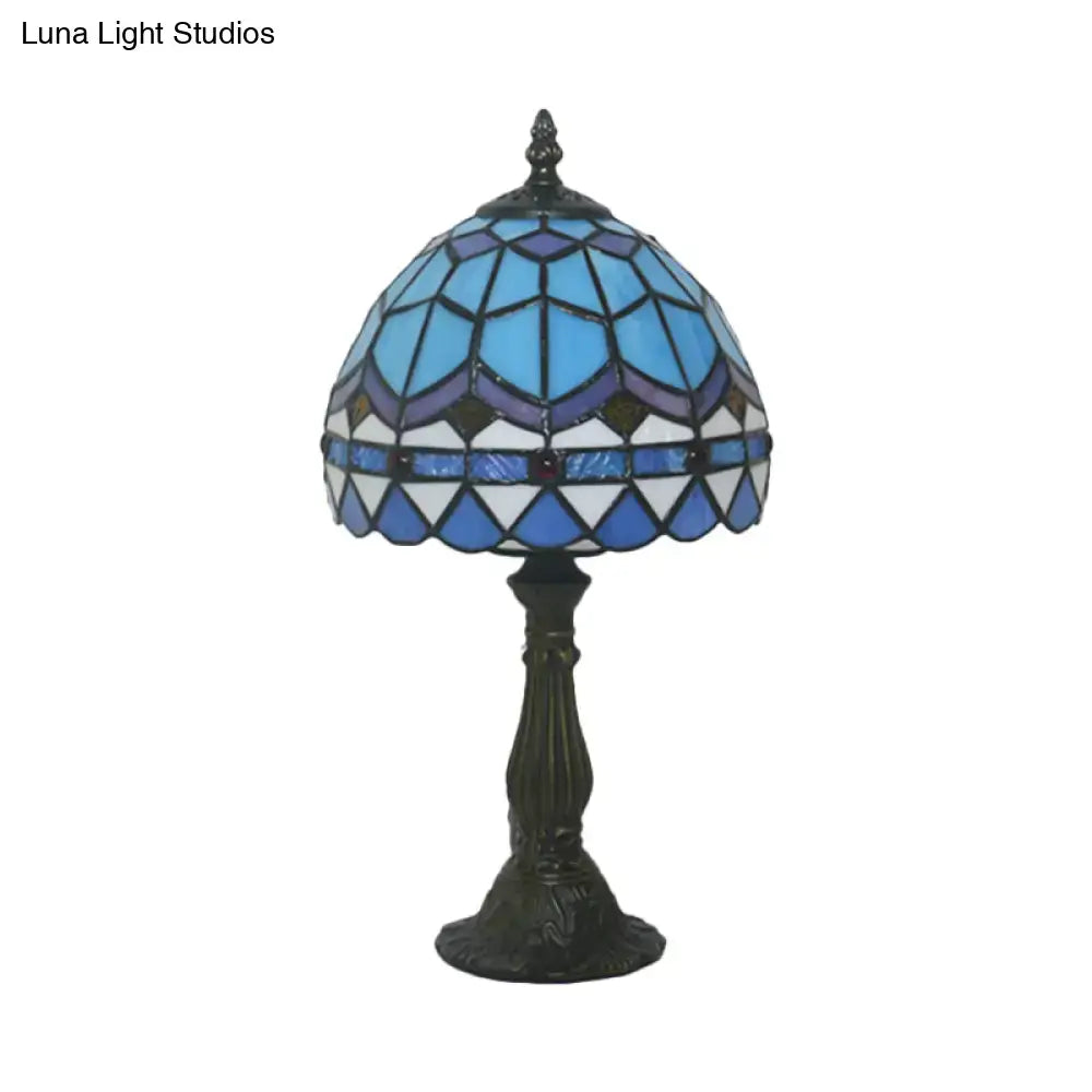 Tiffany Art Glass Night Lamp - Bowl Shaped Stained Glass Table Lighting in Yellow/Blue