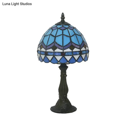 Tiffany Art Glass Night Lamp - Bowl Shaped Stained Glass Table Lighting in Yellow/Blue