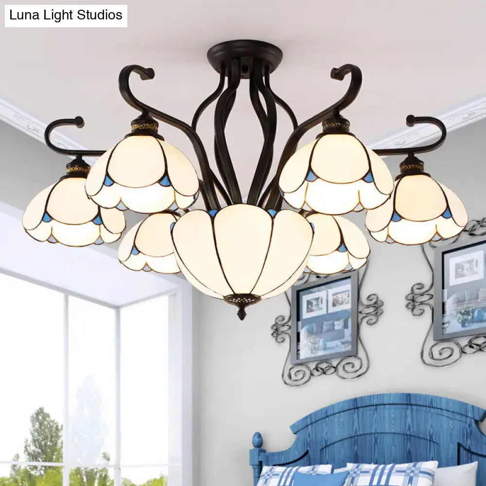 Turquoise Tiffany flower semi-flush ceiling light with glass petals and dark bronze arms on Tampa Home & Garden Store