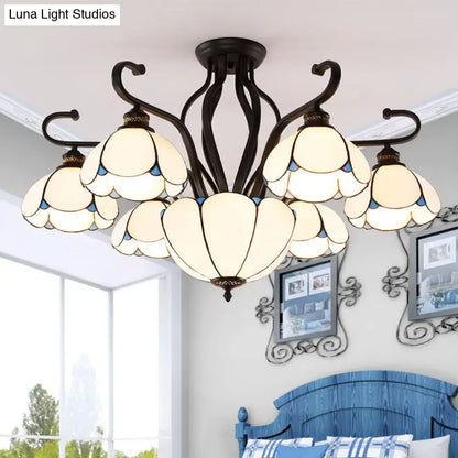 Turquoise Tiffany flower semi-flush ceiling light with glass petals and dark bronze arms on Tampa Home & Garden Store